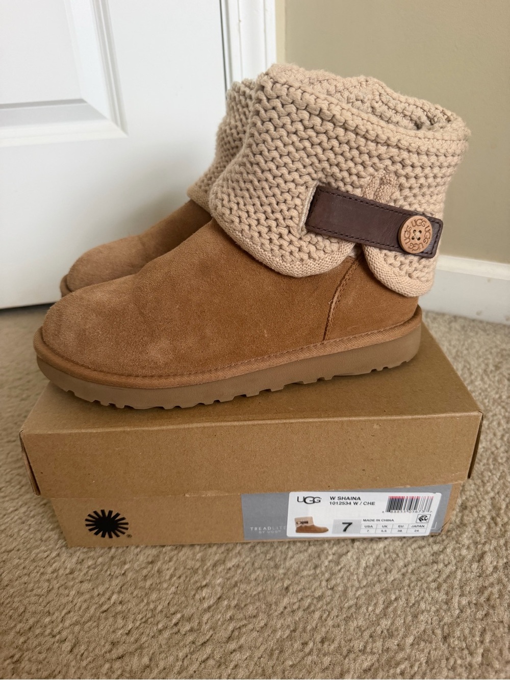 UGG Women’s Shaina Classic Knit Cuff Suede Boots in Chestnut